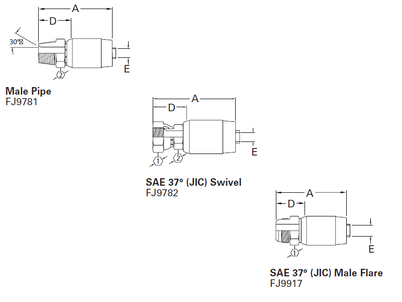 Spiral Single Skive Crimp Fittings Male Pipe & SAE 37° (JIC)