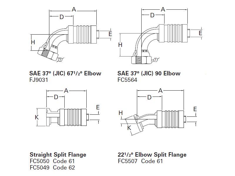 Internal Skive Crimp Fittings* SAE 37˚ (JIC) Elbow & Split Flange