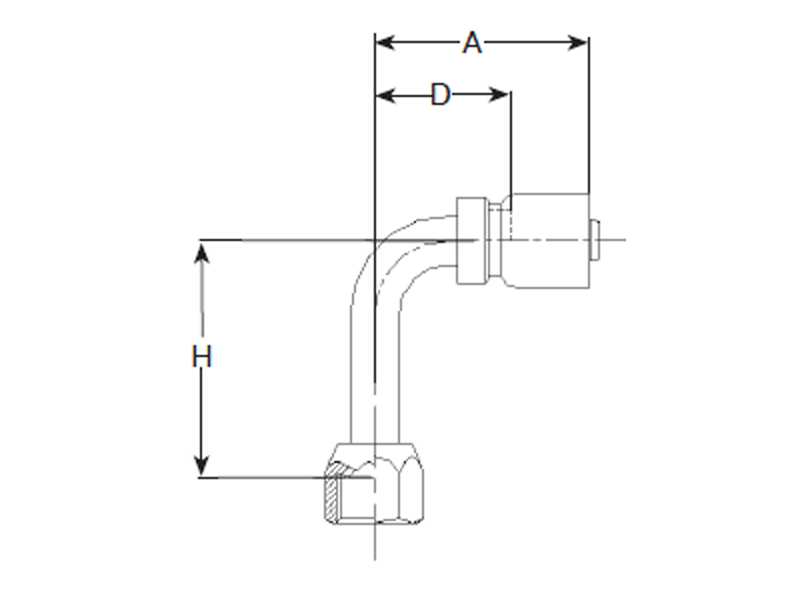 100R5 Crimp Fittings 90° (long drop) Elbow, SAE, JIC and Universal Swivel